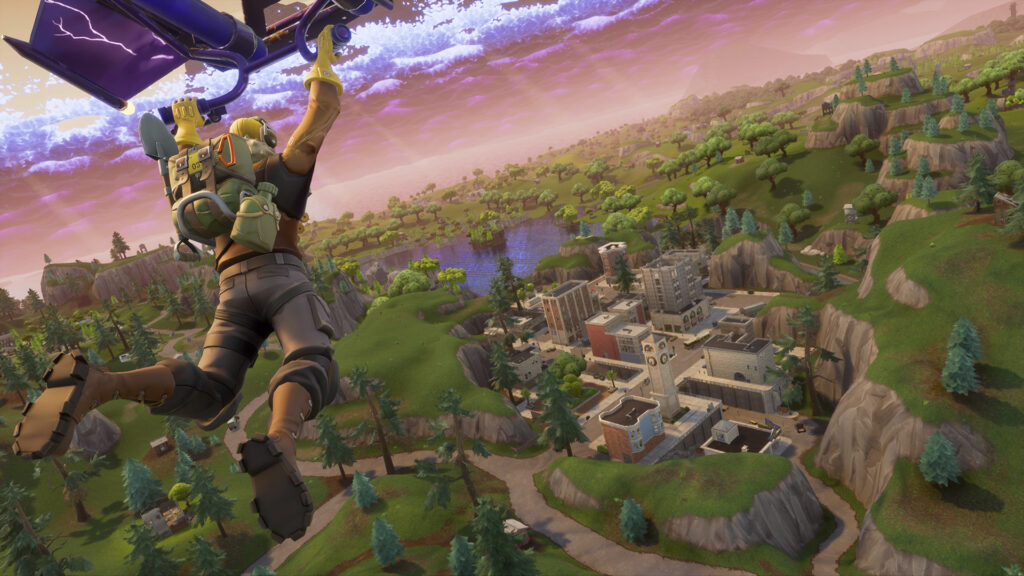 our friend with the pay to win skins raptor outfit cloud strike glider is flying into the new tilted towers - fortnite pay to win skins