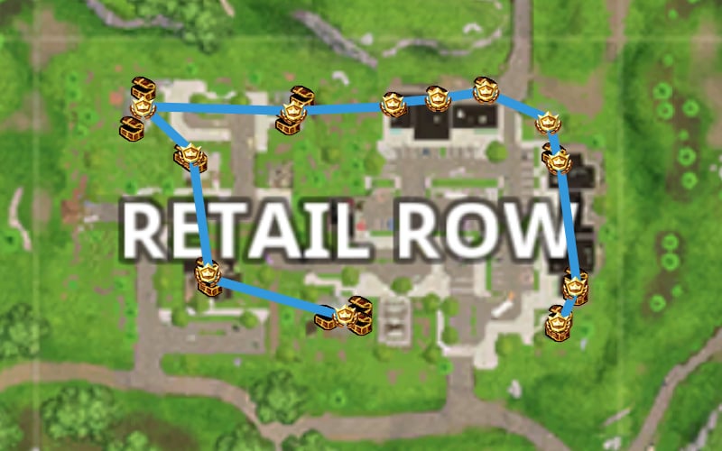 Fortnite Retail Row Guide Landing Spots Landmarks Chest - this first path starts at the water tower and proceed through the blacktops hitting all of the chests the fourth point is the cage area which is often