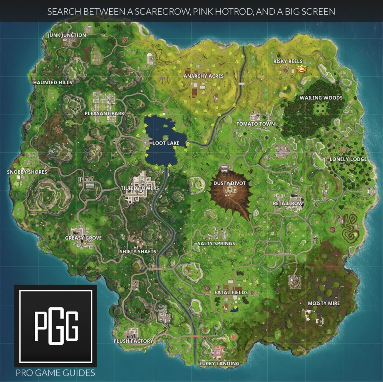 Search Between a Scarecrow, Pink Hotrod, and a Big Screen Location Map