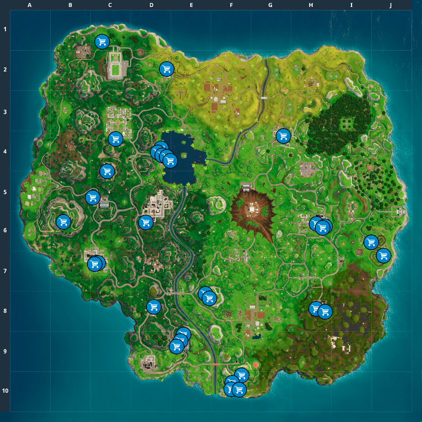 grab a shopping cart and start pushing it around to get credit for this challenge you can find all of the areas that potentially have shopping carts on the - fortnite week 9 cheat sheet