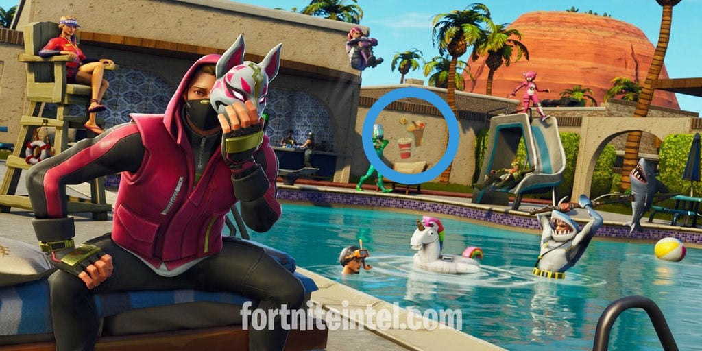 week 4 s location is displayed as a spray on the wall area behind the pool it depicts a camel drinking a soda which is a new statue that was added in the - fortnite blockbuster stars
