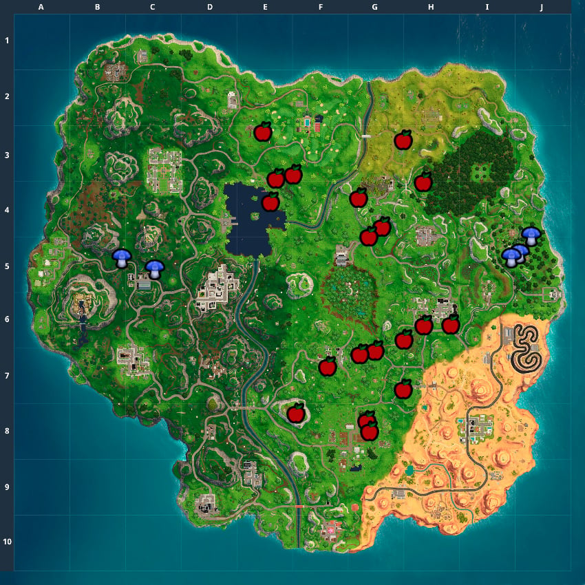 Mushroom And Apple Locations Fortnite Fortnite Season 5 Week 10 Challenges List Locations Solutions Pro Game Guides