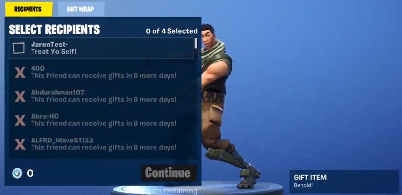 first you can gift up to four people at a time including one for yourself it looks like you will only be able to - how to gift people skins in fortnite