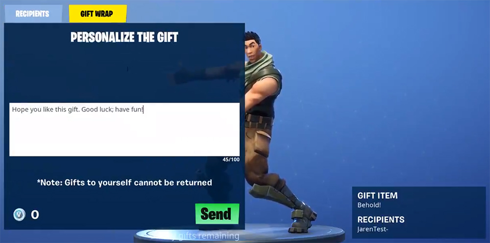 here s where you can personalize your gift and leave your friend a message or whatever what is of note on this menu is that you can t return gifts to - how to gift a skin fortnite