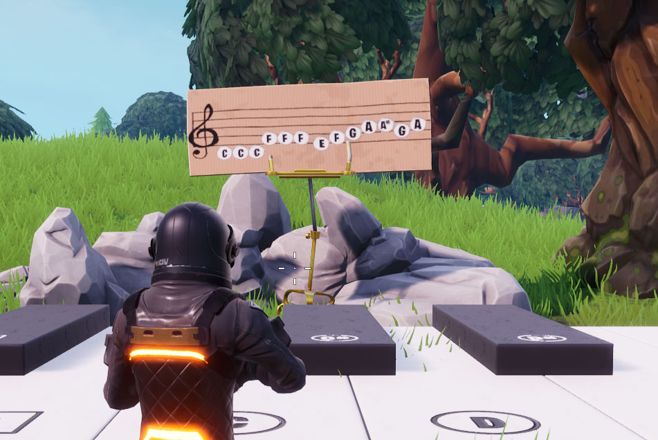 Fortnite play the sheet music near pleasant park and lonely lodge