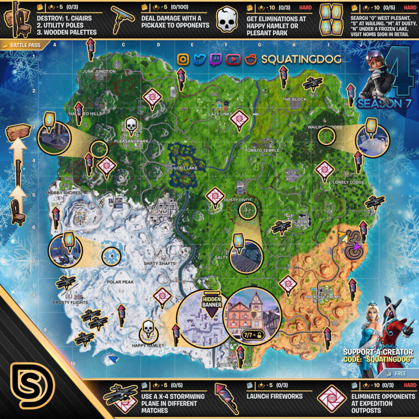 fortnite season 7 week 4 cheat sheet - where is the o in fortnite west of pleasant park