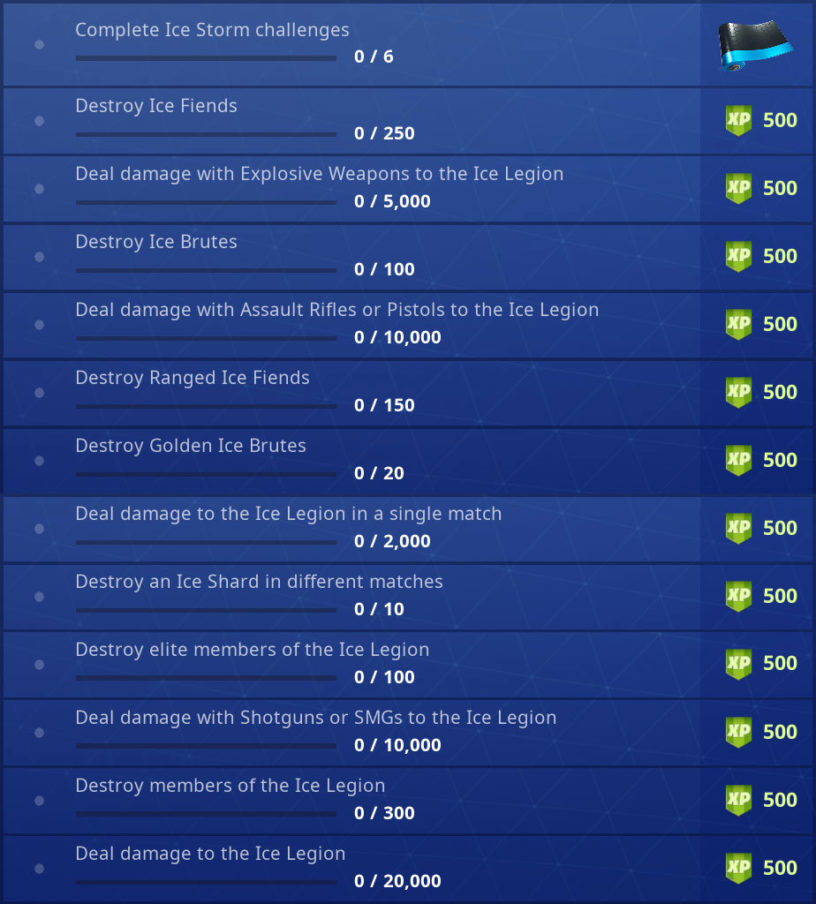 Fortnite Ice Storm Challenges Event Guide Release Date Rewards - we ve got a full list of the challenges now you ll need to complete six of them to unlock the blue metallic wrap and go through all thirteen to unlock the