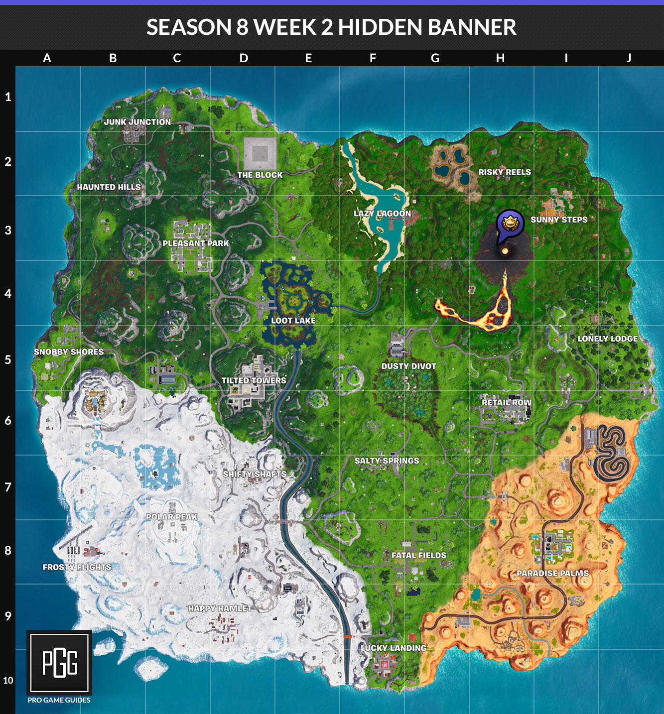 Fortnite Season 8 Week 2 Challenges List Cheat Sheet Locations - head right down into the volcano and near his throne to find the exaction location of the hidden banner posted in fortnite