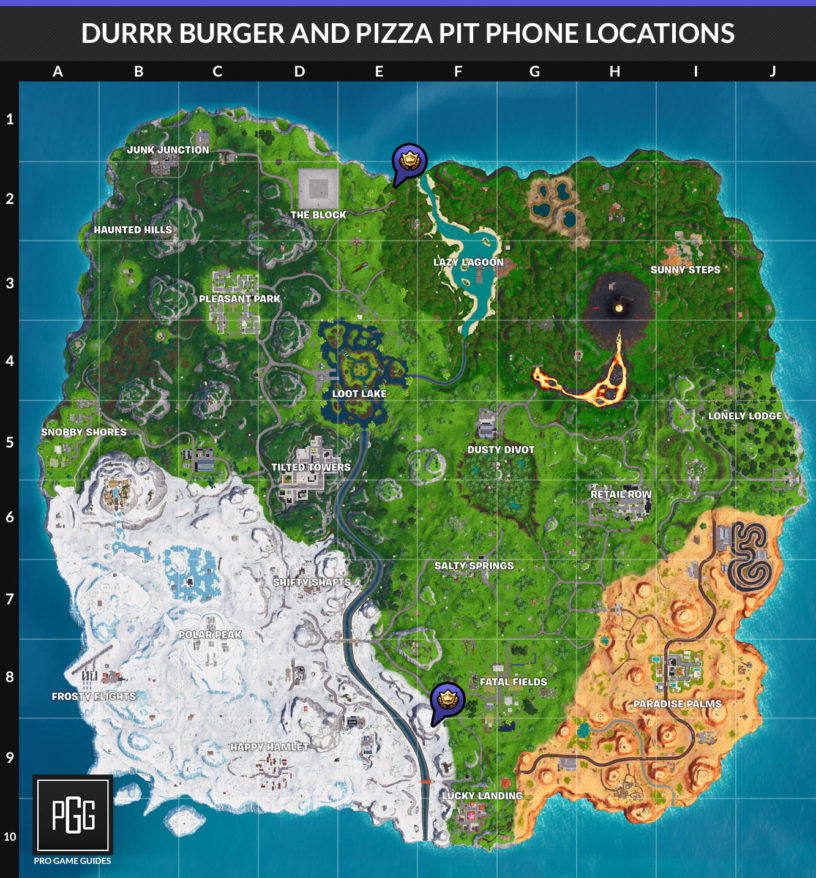 durrr burger pizza pit phone locations map - week 8 challenges fortnite cheat sheet