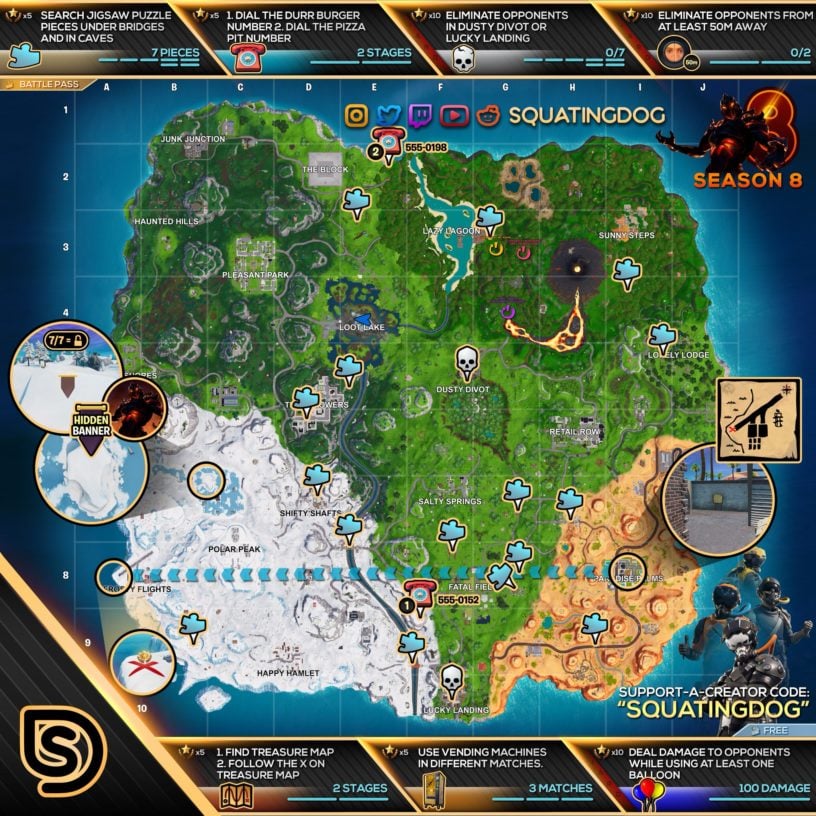 fortnite season 8 week 8 cheat sheet - dial the phone number fortnite east of the block