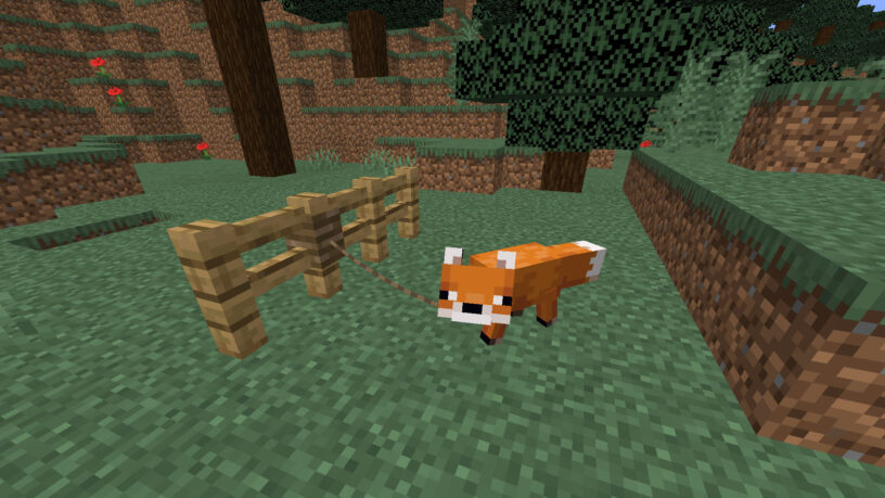 Fox in Minecraft on a lead tied to a fence