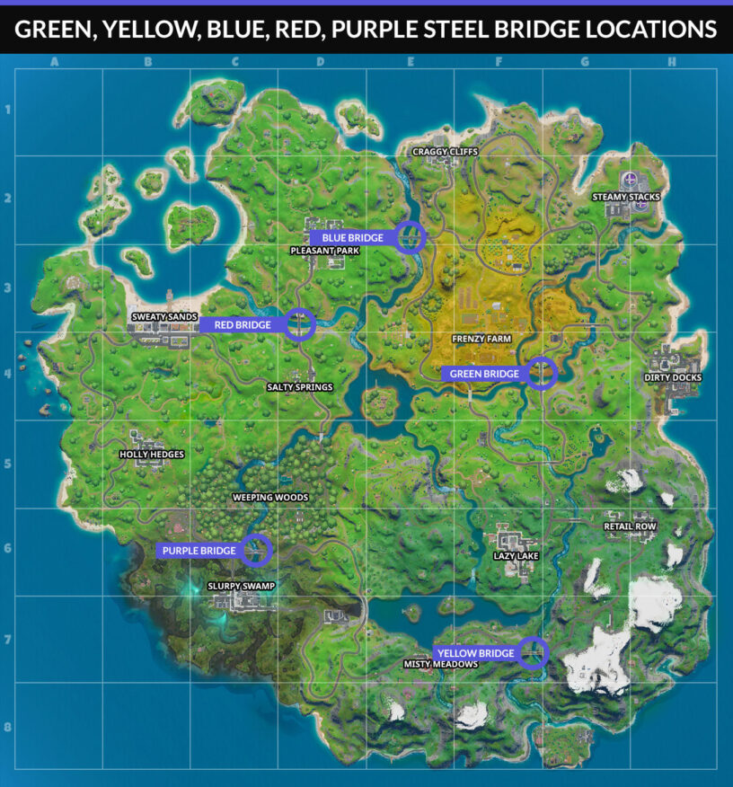 Spray A Steel Bridge Fortnite Fortnite Green Yellow Blue Red Purple Steel Bridge Locations Pro Game Guides