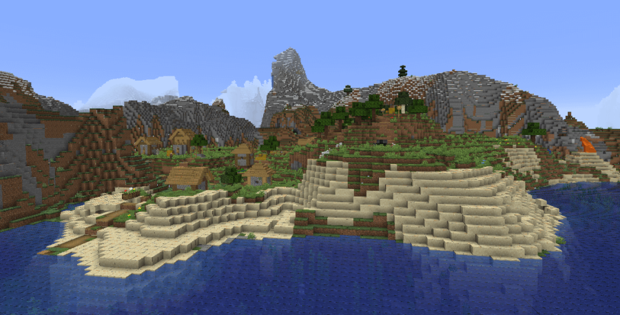 A Village on a coast in Minecraft.