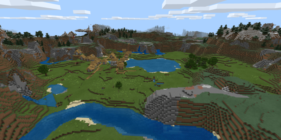 A village in a valley in Minecraft.