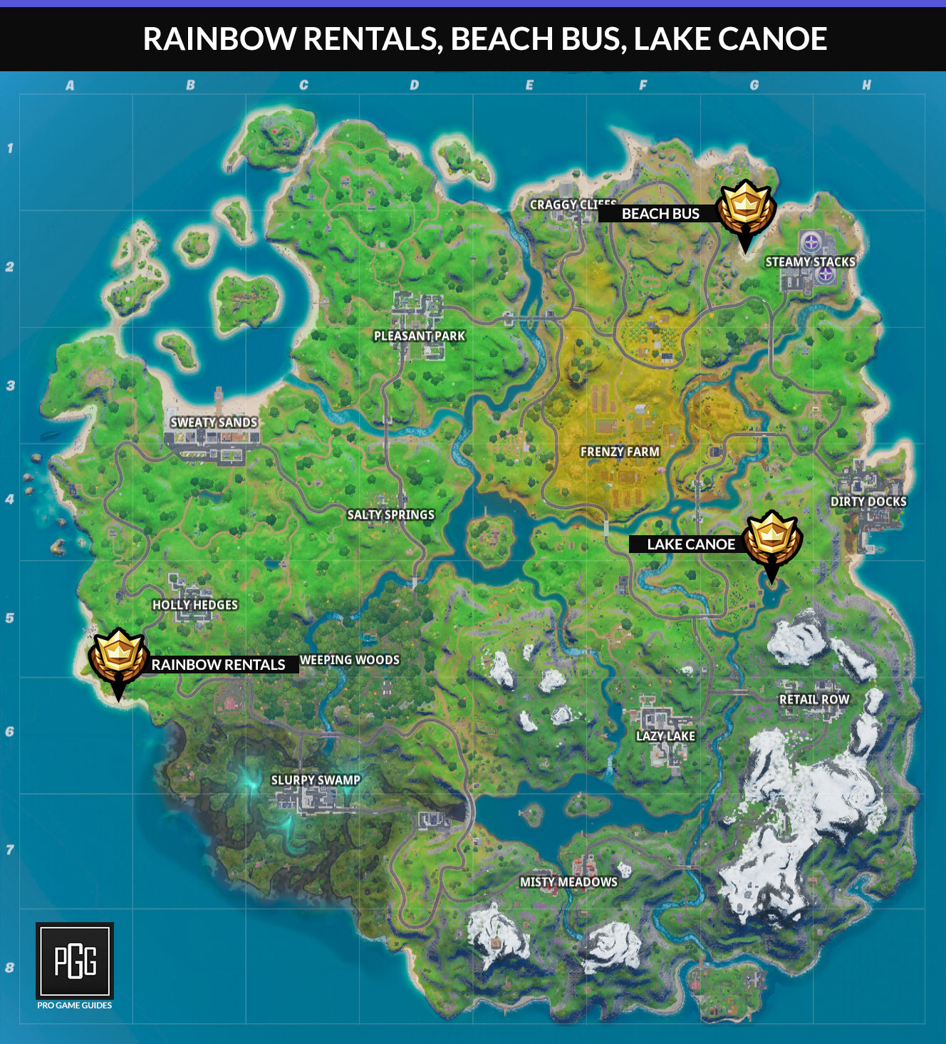 Fortnite Rainbow Rentals, Beach Bus, Lake Canoe Locations