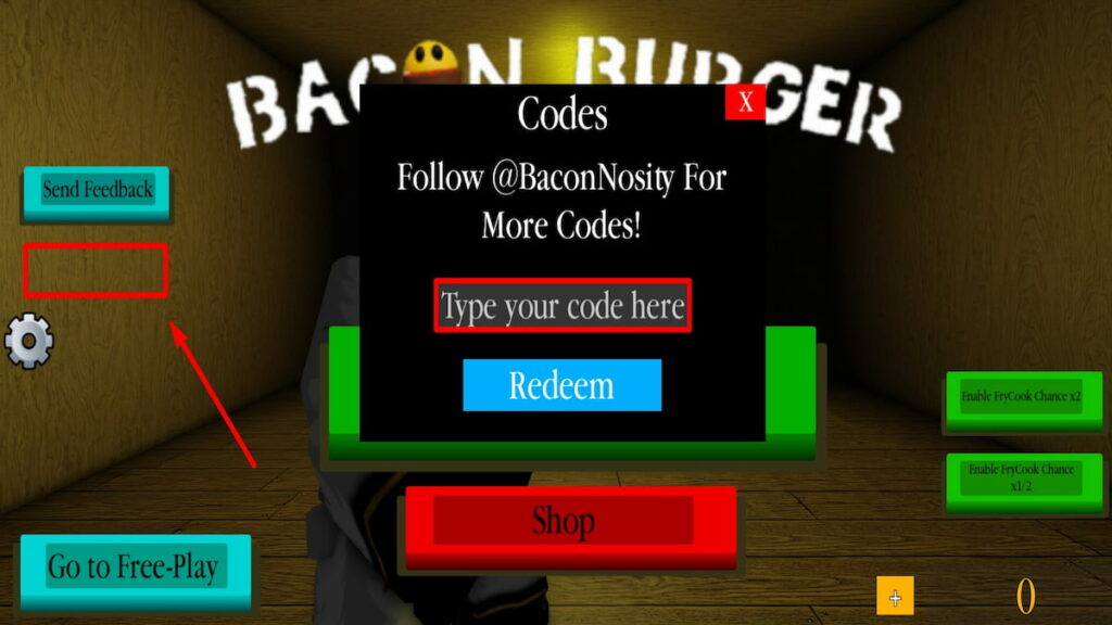 Redeem code text box for Roblox Bacon Burger