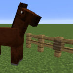 Horse tied to a fence with a lead in Minecraft