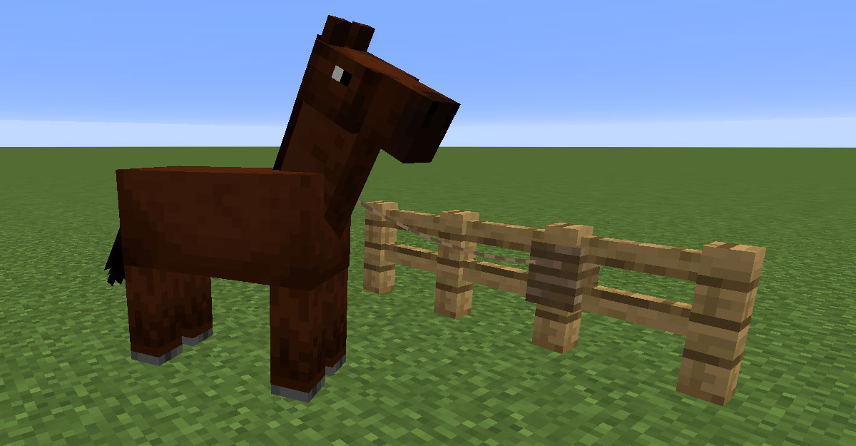 Horse tied to a fence with a lead in Minecraft