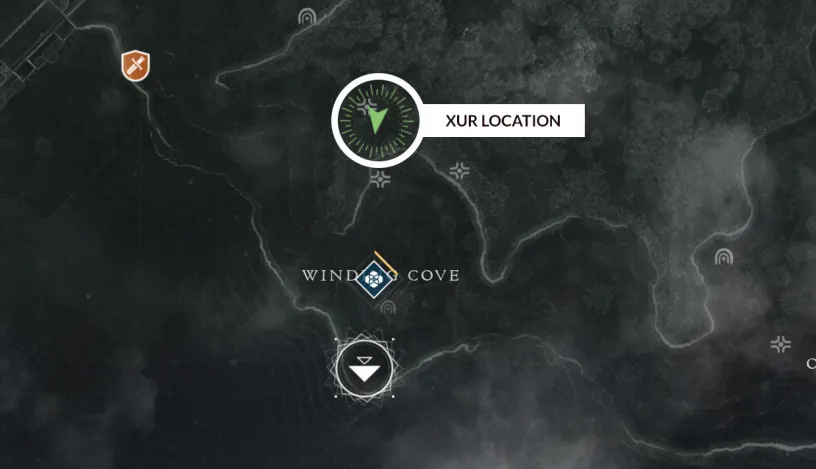 Destiny 2 Xur location map for Winding Cove in the EDZ