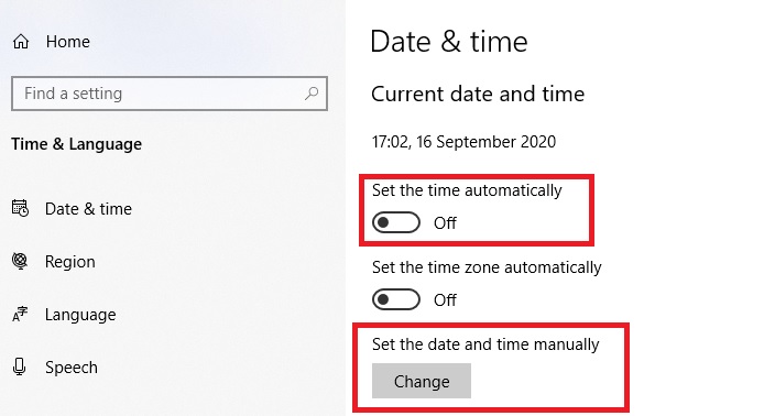 The date and time settings within Windows 10