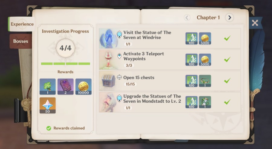 A screenshot of the Adventurers Handbook in Genshin Impact