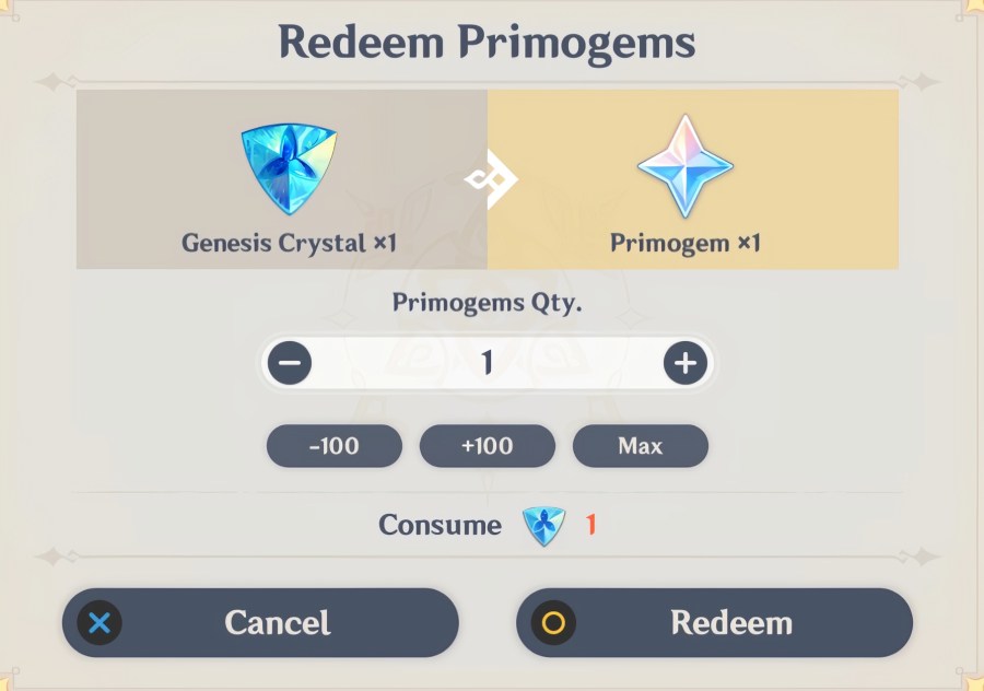 A screenshot of the Genesis Crystal to Primogem trade in Genshin Impact