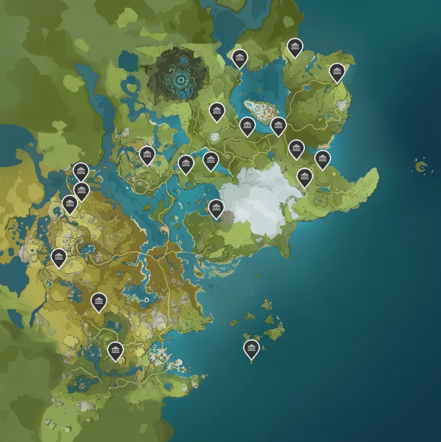 A screenshot of the Genshin Impact interactive map with locations of all the Shrines of the Depths marked on it