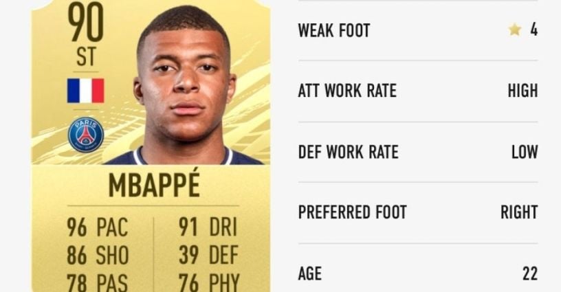 Mbappe's rating card in FIFA 21