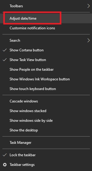 The taskbar menu in Windows 10 when you right click on the time and date