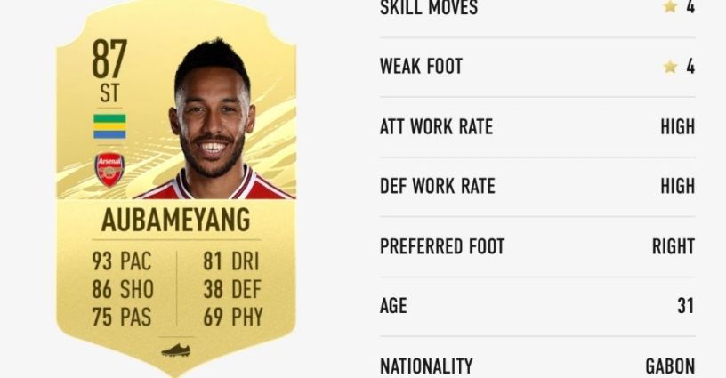 Aubameyang's player card in FIFA 21