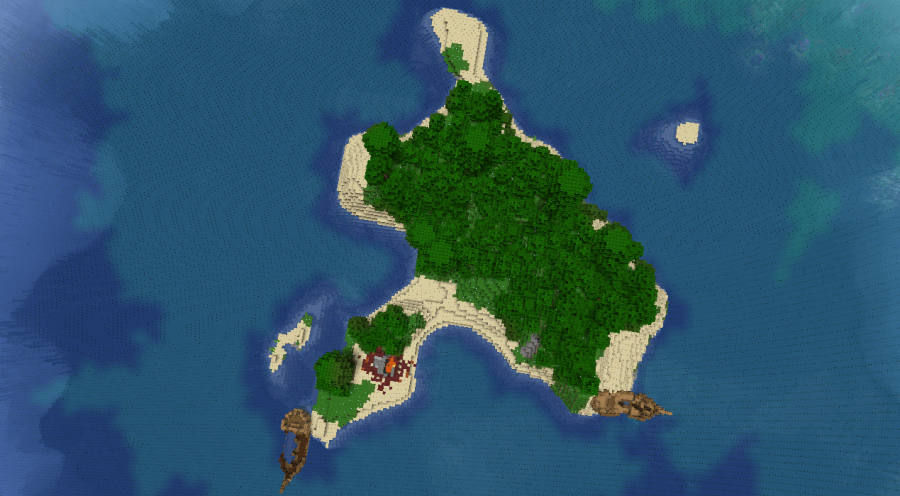 An island with two shipwrecks in Minecraft.