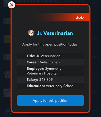 BitLife Jr. Veterinarian job example