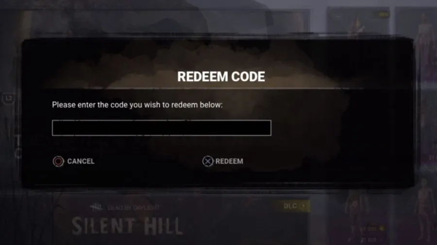 Dead by Daylight code redemption window. "Please enter the code you wish to redeem below" with text box underneath it