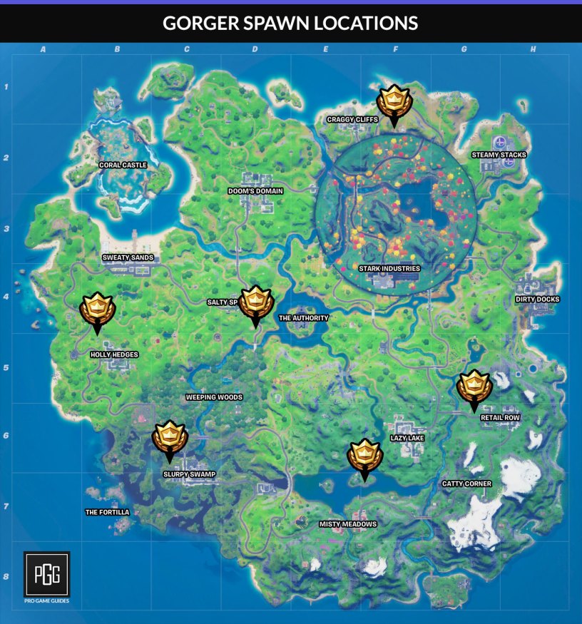 Gorger spawn locations map in Fortnite