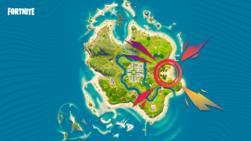 Fortnite party royale map with main stage marked