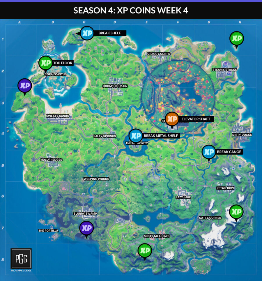 Fortnite Season 4 Xp Coins Locations Maps For All Weeks Pro Game Guides - how to get exp and coins on vh2 roblox