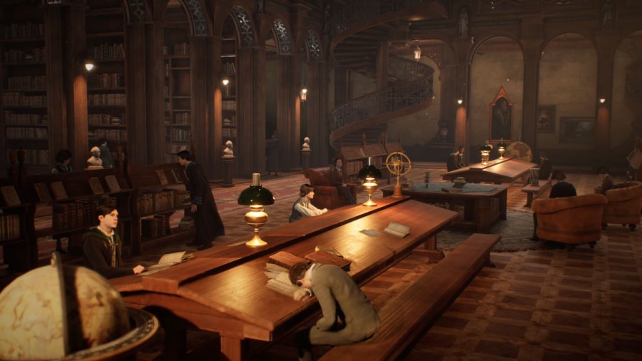 Students studying in the library in Hogwarts Legacy