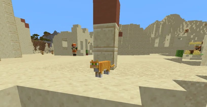 Cat standing in a desert village in Minecraft