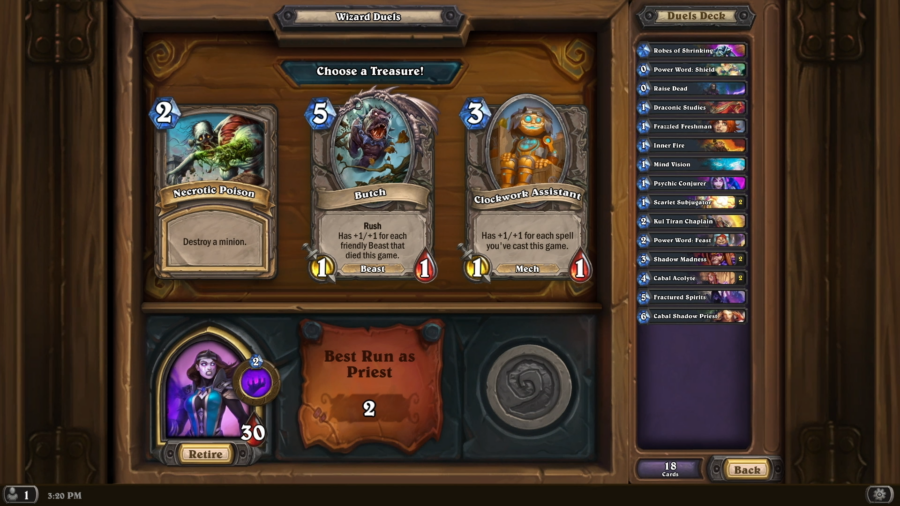 A screenshot of picking one of three treasures in new game mode Duels in Hearthstone