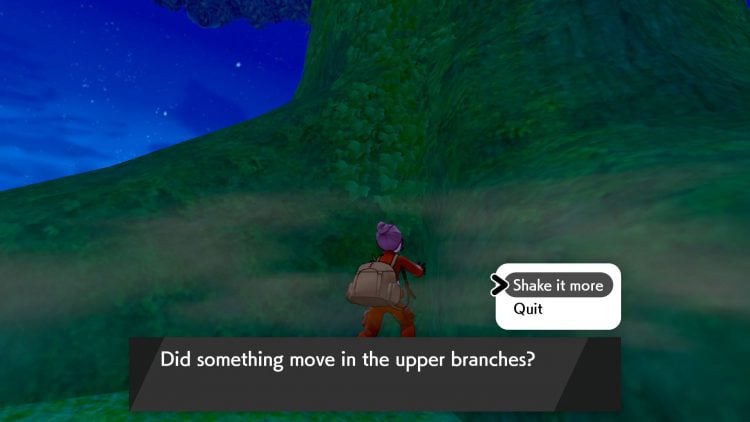 A screenshot of a player shaking the Dyna Hill Tree to fight a hidden Pokémon den battle in the Crown Tundra.