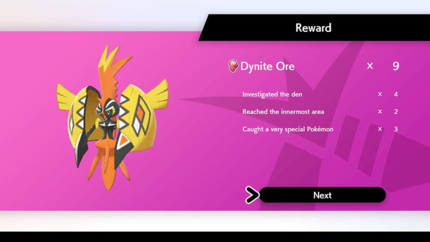 A screenshot of the rewards Breakdown at the end of a Dynamax Adventure in the Crown Tundra