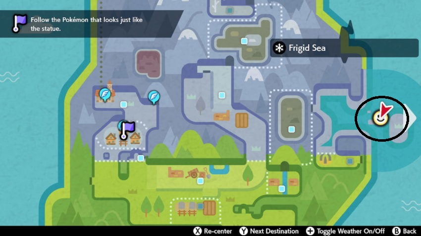 A screenshot of the map in Pokemon Sword and Shield of the area of the Crown Tundra showing where the item to evolve Slowpoke into Slowking is