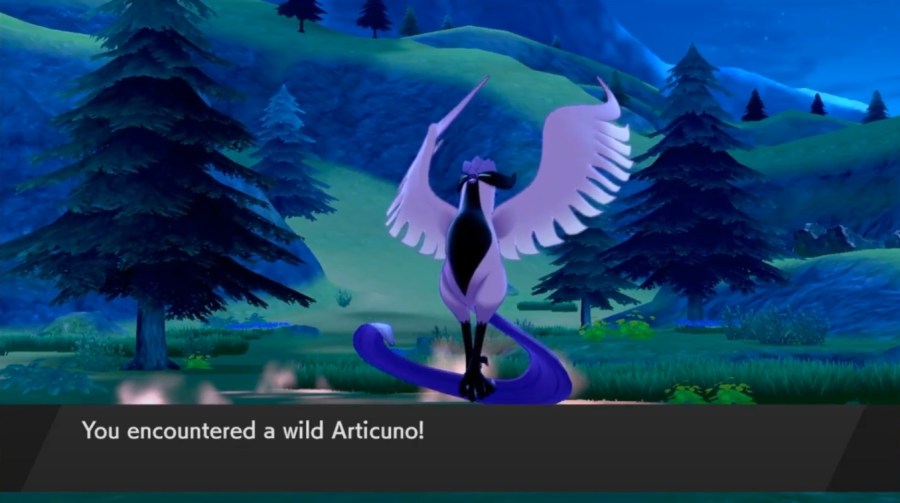 A screenshot showing off the new Galarian Articuno in the DLC the Crown Tundra