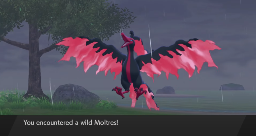 A screenshot showing off the new Galarian Moltres in the DLC the Crown Tundra