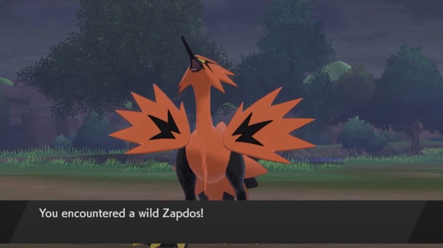 A screenshot showing off the new Galarian Zapdos in the DLC the Crown Tundra