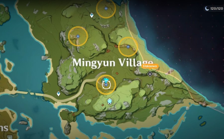 A screenshot of the map in Genshin Impact, showing where the 4 caves are located for the quest Tree Who Stands Alone