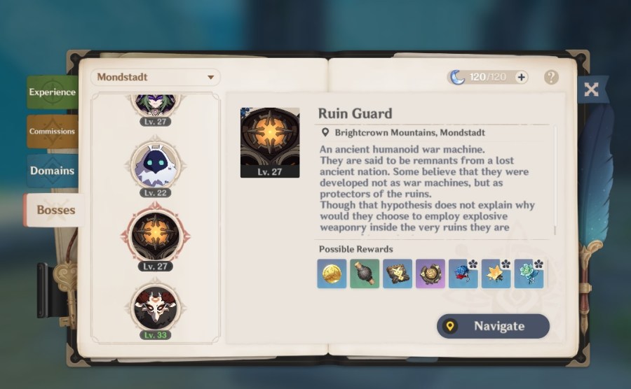 A screenshot of the Adventure's Handbook, showing off the Bosses tab