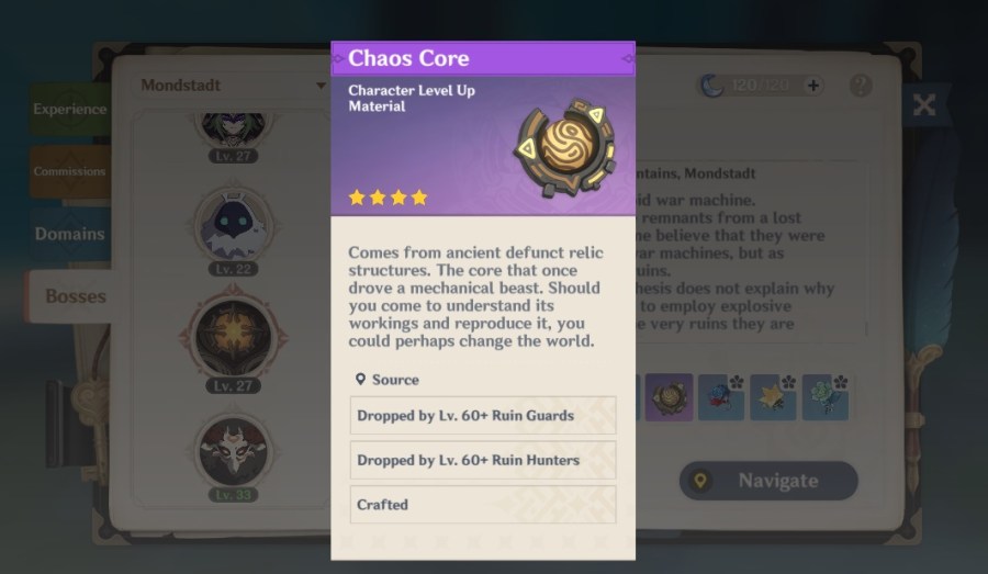 A screenshot of the Chaos Core material needed for Weapon Ascension