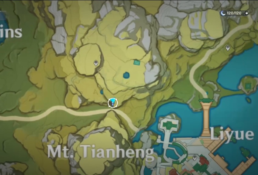 A screenshot of the map in Genshin Impact, showing the location of quest giver Childish Jiang