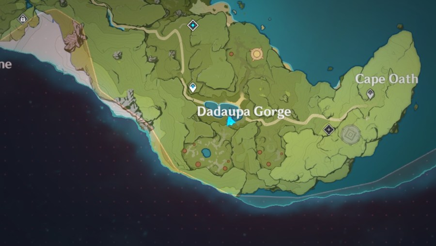 A screenshot of the Genshin Impact map indicated where Daduapa Gorge is located